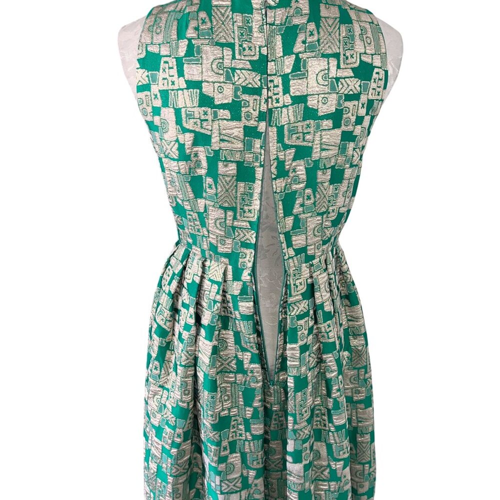 Vintage Womens Dress Size Small Green Geometric Print Maxi Casual Pleated - Picture 10 of 16